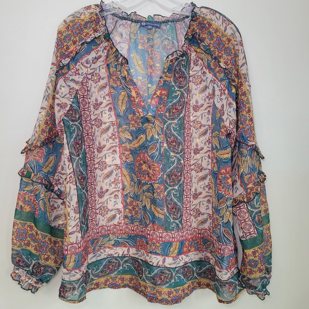 Democracy Womens Medium Floral Paisley Boho Blouse Gold Metallic Ruffle
